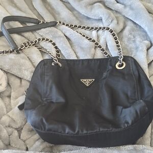 Prada Black Nylon Shoulder Bag with Chain-Link Strap